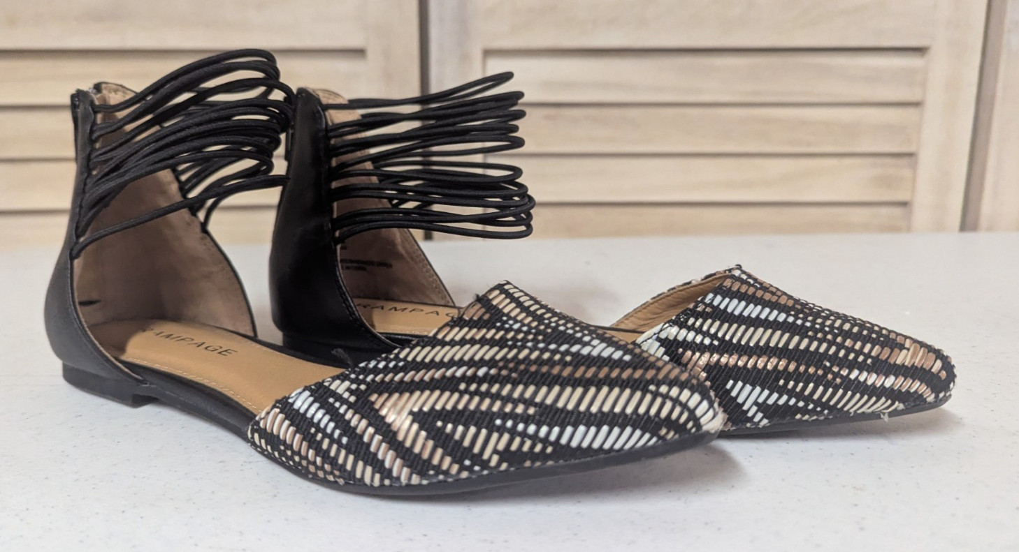 Rampage Woman's Size 6.5M Shoes Tan/Black Dressy Flats Back Zipper Strappy Ankle