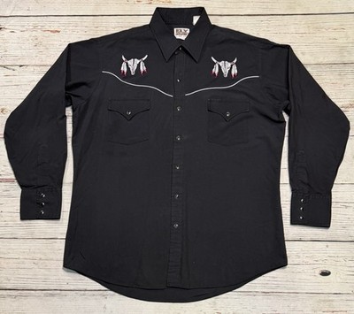 Vtg Ely Cattleman Pearl Snap Shirt Men s Sz L Black Embroidered Tribal Longhorn
