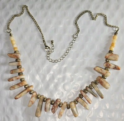  Pink Orange Agate Marbled Stone Gold Tone Adjustable Necklace 20'' Vintage 