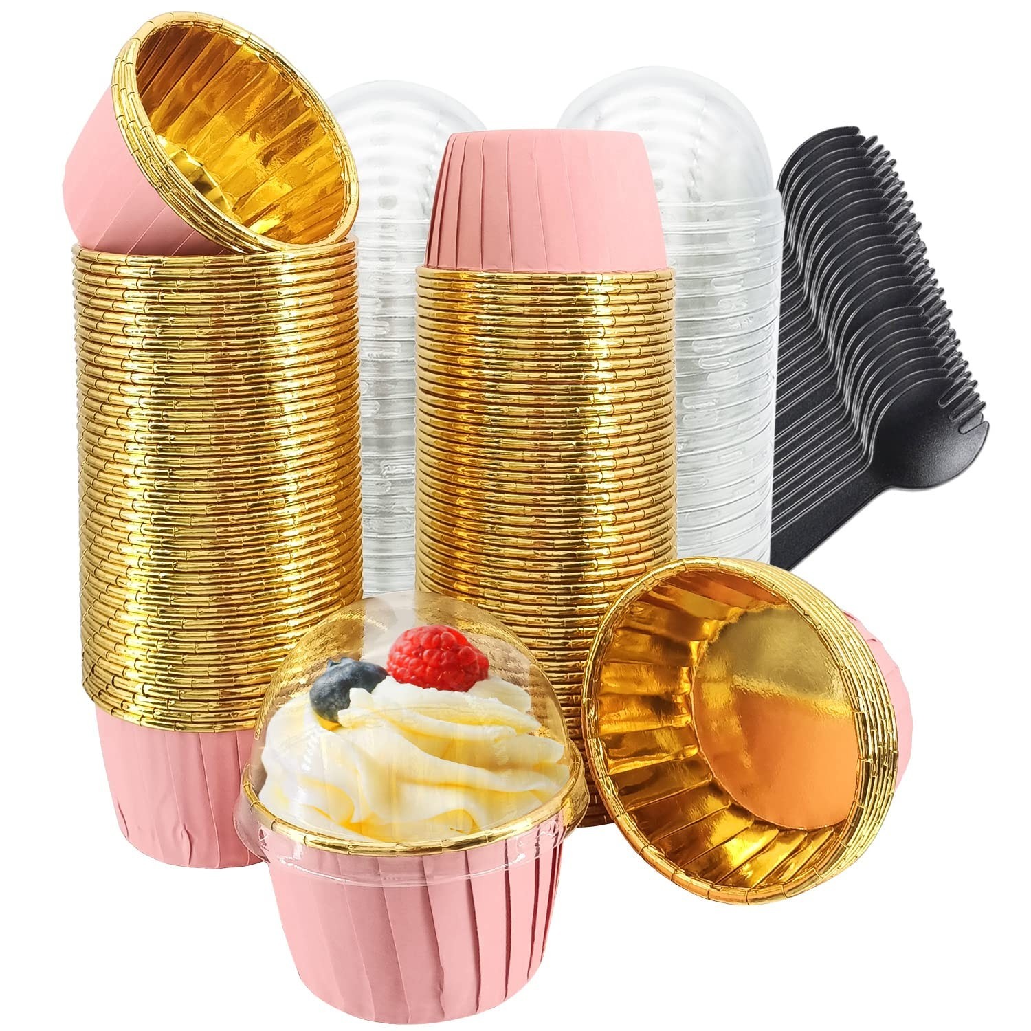 Cupcake Liners for Baking 100Pack,Free-Air 3.5Oz Foil Baking Cups with Dome L...-image