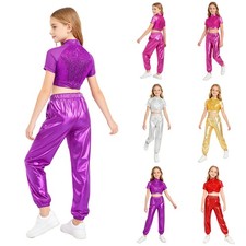 Kids Girls Outfits Party Dancewear Crop Top Costume Short Sleeve Mock Neck Rave