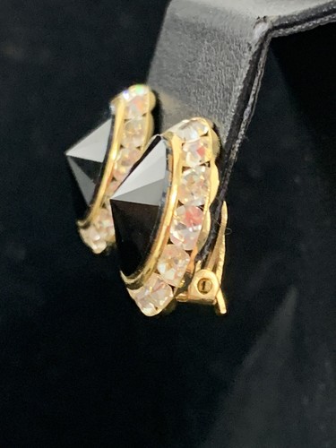 VINTAGE 1980'S Black Rivoli CRYSTAL AND RHINESTONES GOLD TONE CLIP EARRINGS M11 - Picture 4 of 7