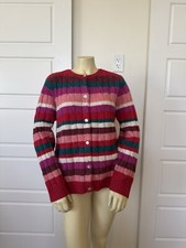 Appleseed's Sweater Cardigan Women Size L 100 Wool Button Cable Knit Striped