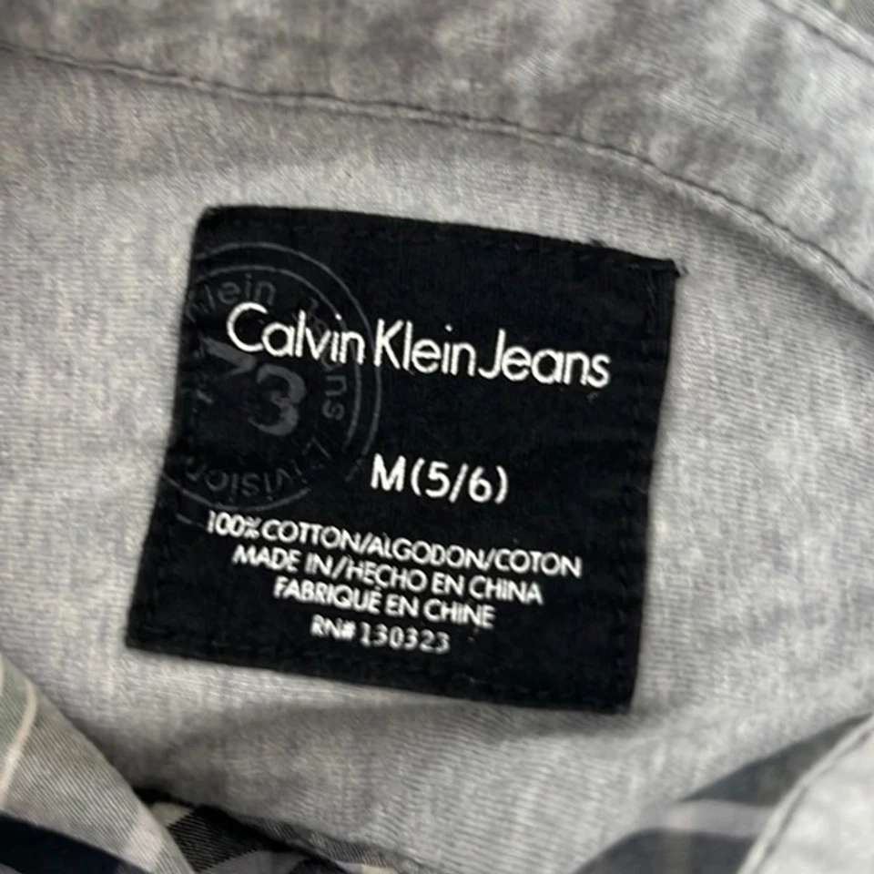Camisa de mezclilla Calvin Klein con botones juvenil mediana amarilla manga larga a cuadros niños Foto 3 de 4