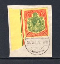 M18113 Nyasaland/Malawi 1944 SG141a - 5/- on ordinary paper, tied to small piece