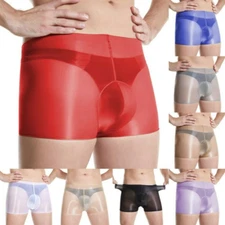 Men Oil Shiny Underwear Glossy Shorts See Through Elastic Boxer Briefs Underpant