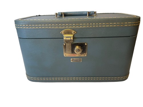 Vintage Travel Train Case Carry Luggage Suitcase Bag Blue Makeup Suitcase No Key