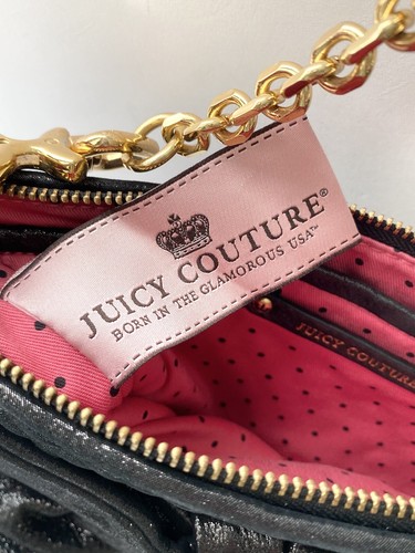 Juicy Couture Black Shimmer Quilted Bow Clutch Handbag Gold Chain - Picture 6 of 7