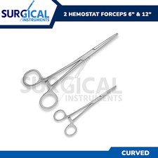 2 Pcs Set 6"  12" Curved Hemostat Forceps Locking Clamps Stainless German Grade