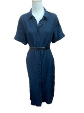 Marina Rinaldi Abito Chemisier Lino 💯 Cotone Strisce Tasce Blue Scuro