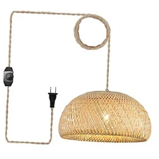Bamboo Large Plug in Pendant Light with 14ft Handmade Woven Light Cord, 