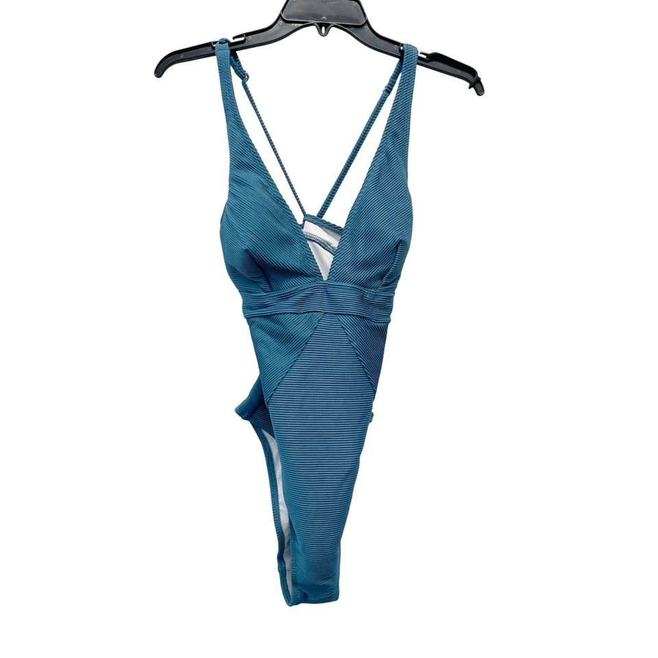 Cupshe 女式蓝色 V 领拼接收腹连体泳衣 M 码 — 第 3/4 张图片