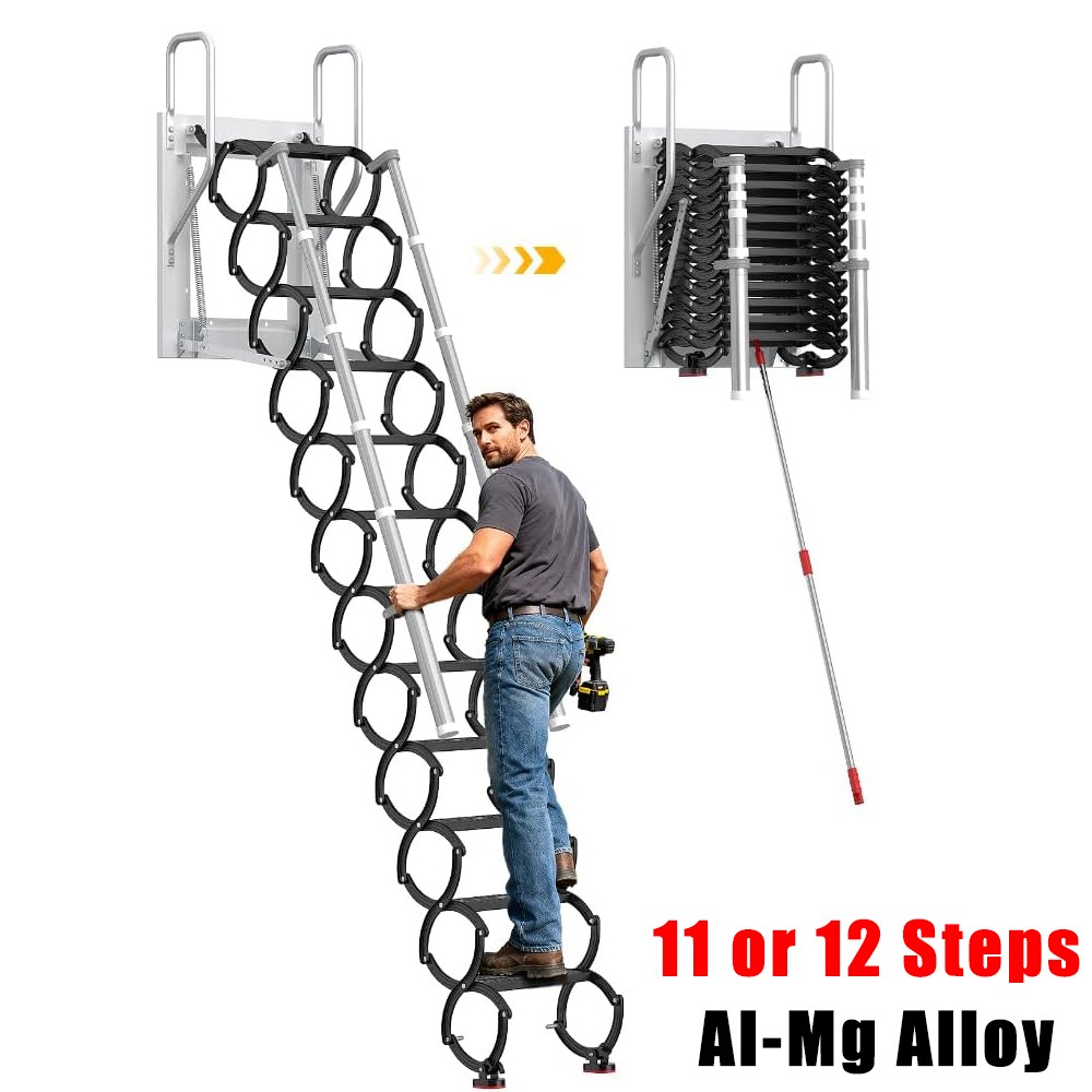 12 Steps Attic Stairs Wall Mounted Folding Loft Ladder Retractable Collapsible S-image