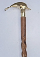 Antique Style Wooden Walking Dolphin Designer Head HandleSpiral Stick Cane
