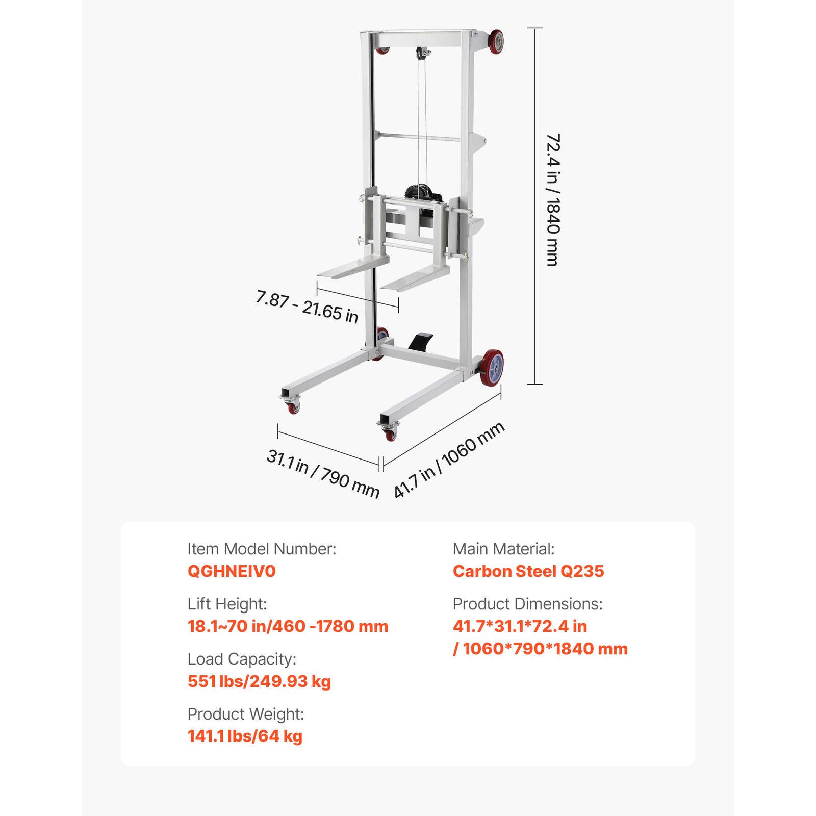 Uimoso Material Lift Winch Stacker 551 lbs Capacity Pallet Truck with 70 in Lift