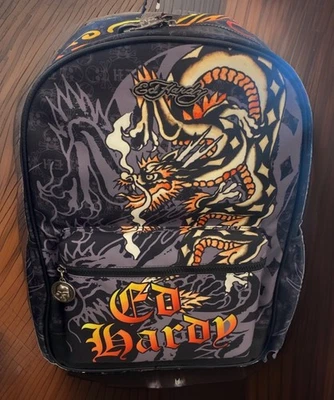 Ed Hardy Dragon & Skulls Print Tattoo Large School Bag Backpack~Y2K~Unisex~NWT - Photo 1/3