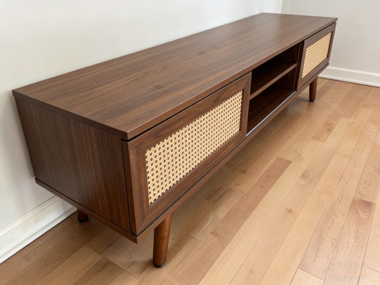 With Rattan Sliding Door Boho Media Console Mcm Living Room