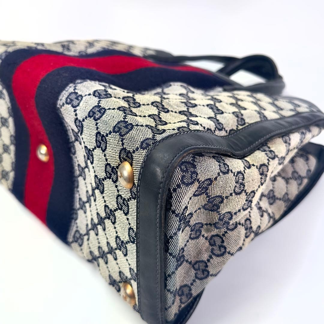 GUCCI GG Pattern Tote Bag Blue Sherry Line Vintage Leather Large thumbnail 7