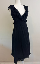 Ulla Johnson Silk Ruffled V-Neck Sleeveless Tie Wrap Black Dress, Size 2
