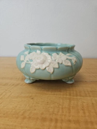 Vintage Weller Pottery Turquoise Footed Bowl / Vase  7 1/4"  "Cameo Blue" Signed