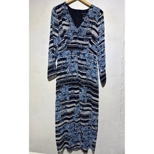 Enfocus Studio Womens 10 Blue Floral Stripe Midi Dress V Neck Long Sleeve Flowy