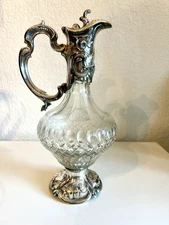Antique Silver Plate & Cut Crystal Claret Jug Wine Ewer Rococo Art Nouveau 12”