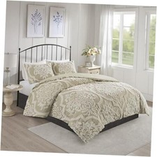 Tufted Chenille Cotton Comforter All Season Full/Queen 90"x90" Damask Taupe