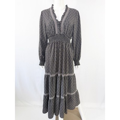 Max Studio Black Polka Dot Print Maxi Dress Size L Casual Boho Peasant Prairie