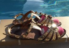 Miu Miu GOLD LEATHER STUDS  CRYSTAL DETAIL T STRAP FLAT Sz 37.5 MADE IN ITALY