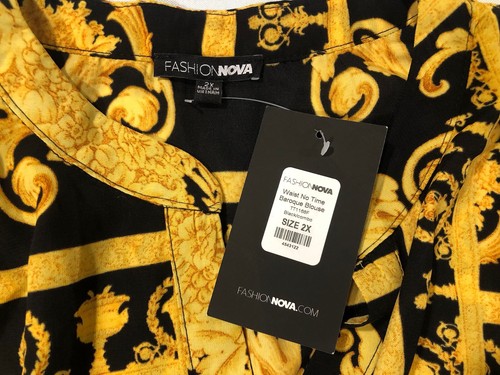 Fashion Nova Waist No Time Baroque Blouse Size 2X Black/combo Tie Waist Top - Picture 9 of 11