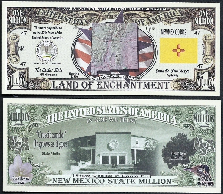 New Mexico State Million Dollar Bill Play Funny Money Novelty Note + FREE SLEEVE