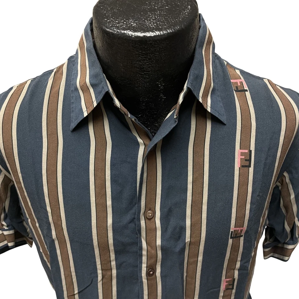 Fendi Steel Blue BOLD Stripe PANEL Logo Rayon Designer Luxury Rockabilly Shirt - Image 4 of 4