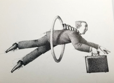Original pen and ink drawing of businessman jumping through hoop w/ brief case.