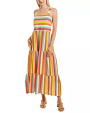 J. Crew Rainbow Striped Tiered Maxi Dress XXS Colorful Flowy Pockets Midi Cotton
