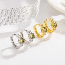 Women Girl 925 Silver Plated Olive Round CZ 10mm Small Hoop Huggie Earrings PE5