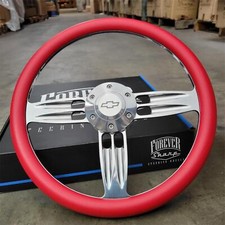 14 Billet Double Barrel Red Vinyl Half Wrap Steering Wheel Chevy Horn 6 Hole