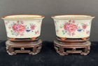 Pair Antique Chinese Export Porcelain Herb Planters Small Vases w Wood Stands