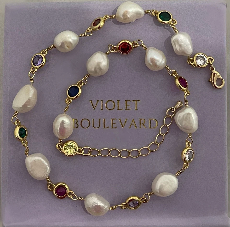 Cadena de collar de perlas y piedras multicolores rellenas de oro amarillo Foto 2 de 4