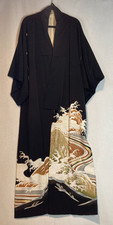 Vintage Silk Kuro Tomesode Kimono Black Handpainted Leaves/Pinetrees