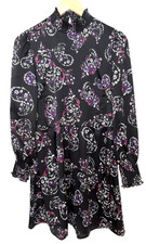 LOFT Paisley Smocked Flare Dress Black Long Sleeve Lined Womens Size 4 NWT