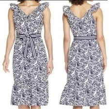 Vineyard Vines x Target Ruffle V-Neck Cotton Sailboats Dress Size M Navy & White