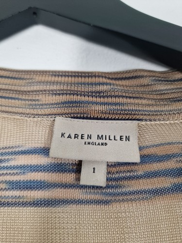 Karen Millen Cardigan Size 10 Brown Blue Stripe Sheer Belted Tassel Oversized - Picture 5 of 14