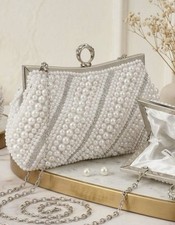 NEW White Pearl Rhinestone Hand Sewn Evening Clutch with chain