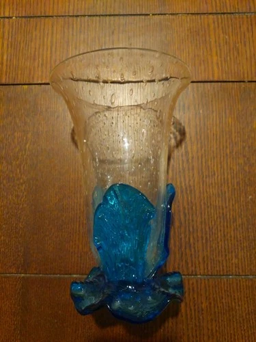 Early Blenko Clear Tear Drop Glass Vase, Blue Leaf, 7.5"