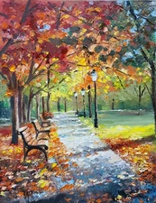 YARY DLUHOS Autumn Park Fall Landscape Trees Leaves Original Art Oil Painting