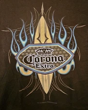 Vtg Corona Extra Shirt Tribal Surfboard T-Shirt XL ODM 2001 Black Blue Flames