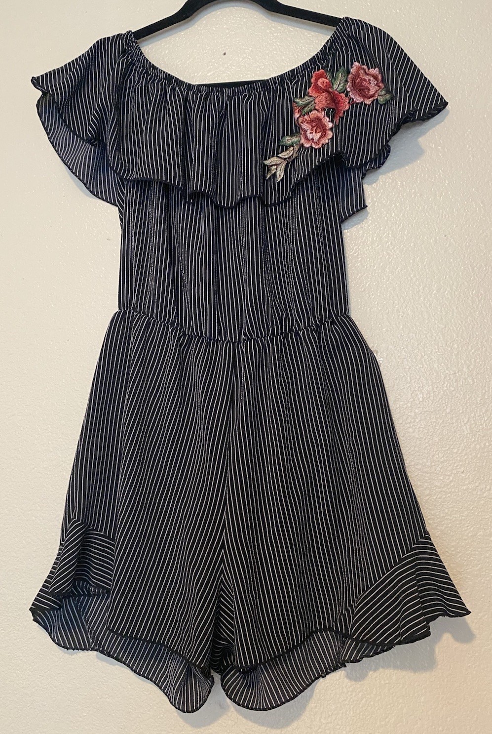 Papermoon Black White Striped Off Shoulder Short Sleeve Ruffle Romper M