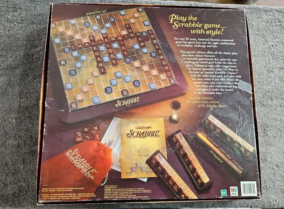 Scrabble Deluxe Crossword Game Rotating Board 04034 Wood Tiles 1999 Complete - Image 2 of 4