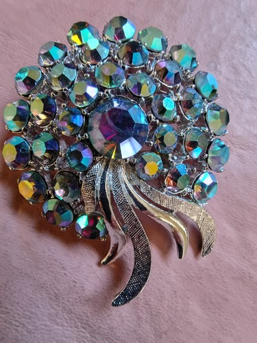 ART Signed Silver Tone Blue Rhinestone Cluster Flower Brooch Pin