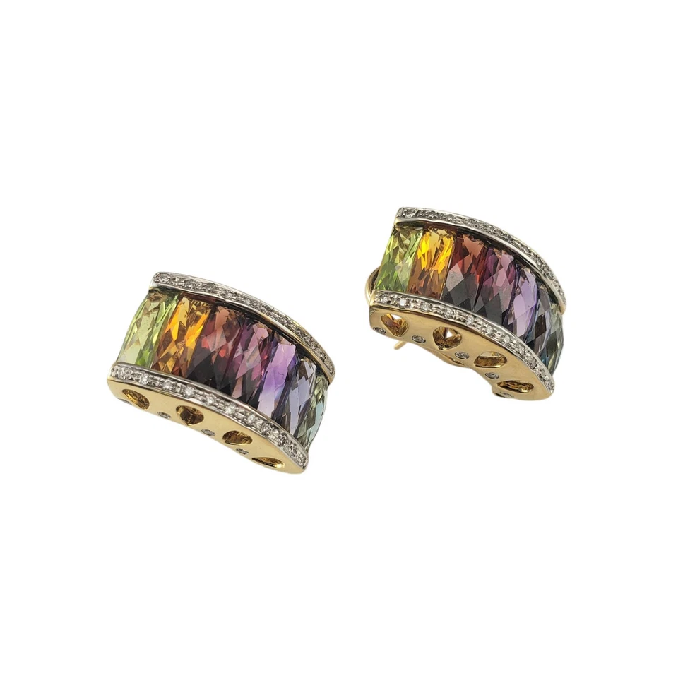 Pendientes Omega de oro amarillo de 18 quilates con piedras preciosas arco iris y diamantes #20720 Foto 3 de 4